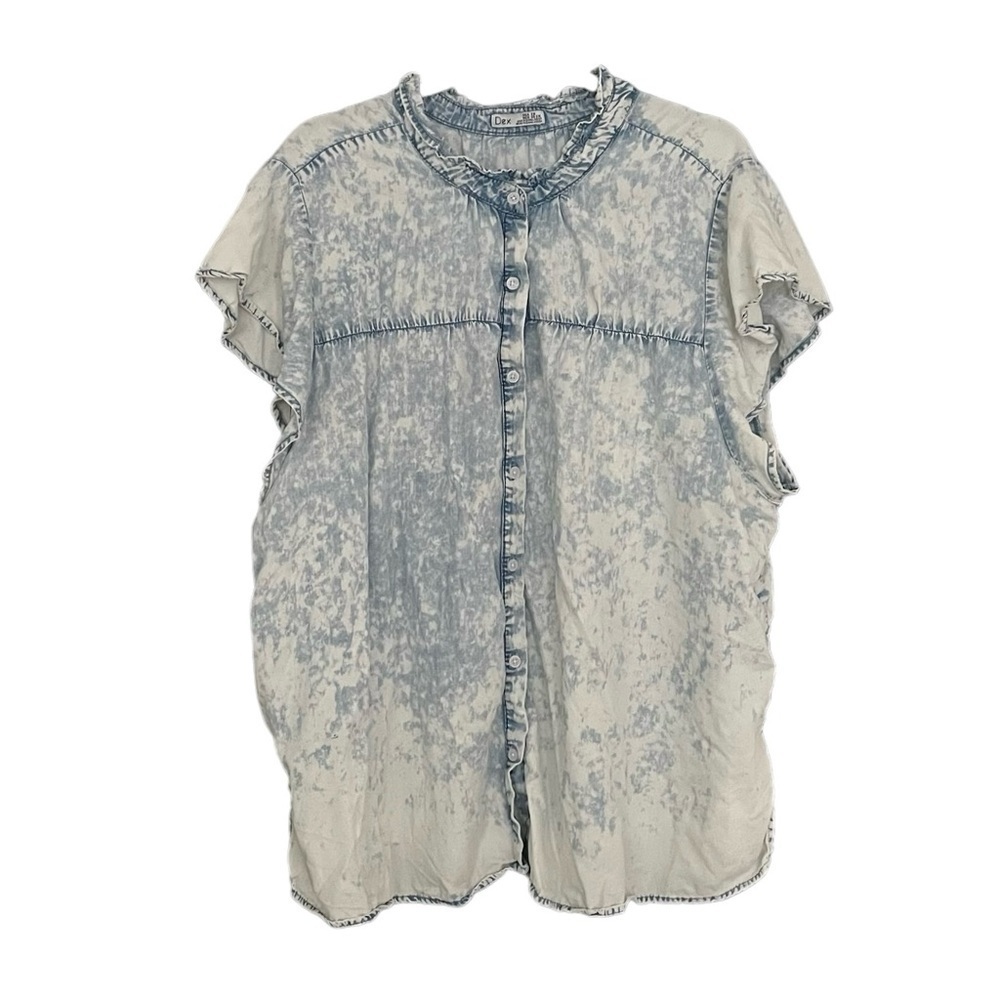 DEX Blue White Acid Wash Short Sleeve Button Front Oversized Blouse 3X